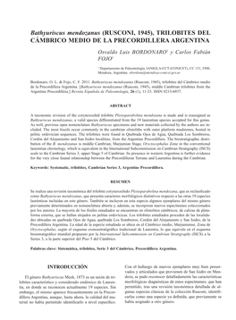 Bathyuriscus Mendozanus (RUSCONI, 1945), TRILOBITES DEL CÁMBRICO MEDIO DE LA PRECORDILLERA ARGENTINA