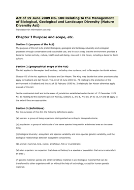 Act of 19 June 2009 No. 100 Relating to the Management of Biological, Geological and Landscape Diversity (Nature Diversity Act) Translation for Information Use Only