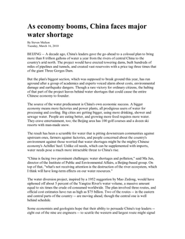 As Economy Booms, China Faces Major Water Shortage by Steven Mufson Tuesday, March 16, 2010