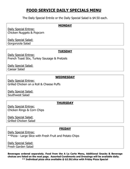 Food Service Daily Specials Menu