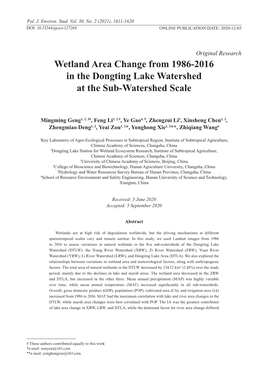 Wetland Area Change from 1986-2016 in the Dongting Lake Watershed at the Sub-Watershed Scale