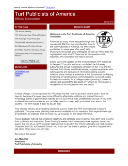 Spring 2015 Newsletter Having Trouble Viewing This Email? Click Here Turf Publicists of America Official Newsletter Spring 2015