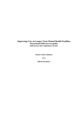 Improving Care in Longer Term Mental Health Facilities International Differences in Quality and Service User Experience of Care