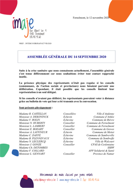 Assemblée Générale Du 14 Septembre 2020