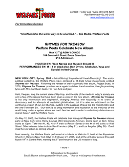 RHYMES for TREASON Welfare Poets Celebrate New Album MAY 12TH @ REMY LOUNGE 104 Greenwich Street, Doors Open 9Pm $10 Admission