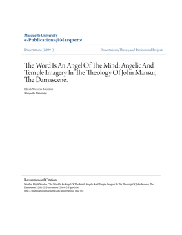 The Word Is an Angel of the Mind: Angelic and Temple Imagery in the Theology of John Mansur, the Damascene