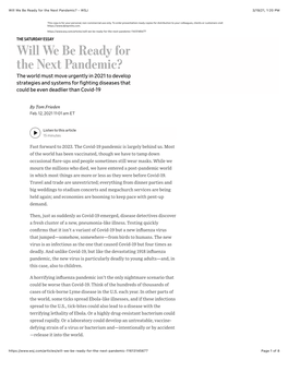 Will We Be Ready for the Next Pandemic? - WSJ 3/19/21, 1:20 PM
