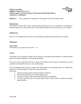 June 2008 Math Lesson Plan Eligible Content M11.A.1.1.1 Find The