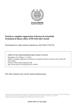 Partial Or Complete Suppression of Hysteresis in Hydride Formation in Binary Alloys of Pd with Other Metals