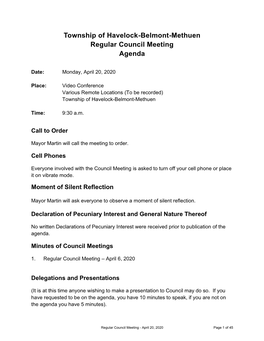 Township of Havelock-Belmont-Methuen Regular Council Meeting Agenda