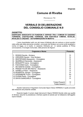 Verbale Di Deliberazione Del Consiglio Comunale N.9