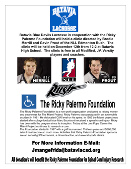 Batavia Blue Devils Lacrosse in Cooperation with the Ricky Palermo Foundation Will Hold a Clinic Directed by Brodie Merrill and Gavin Prout of the NLL Edmonton Rush