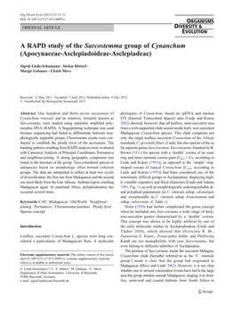 A RAPD Study of the Sarcostemma Group of Cynanchum (Apocynaceae-Asclepiadoideae-Asclepiadeae)