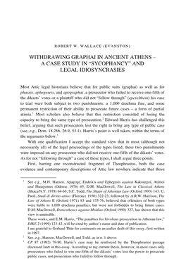 Withdrawing Graphai in Ancient Athens – a Case Study in “Sycophancy” and Legal Idiosyncrasies