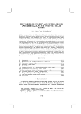 Preventative Detention and Control Orders Under Federal Law: the Case for a Bill of Rights