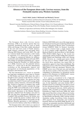 Absence of the European Shore Crab, Carcinus Maenas, from the Fremantle Marine Area, Western Australia