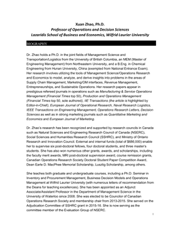 Xuan Zhao, Ph.D. Professor of Operations and Decision Sciences Lazaridis School of Business and Economics, Wilfrid Laurier University