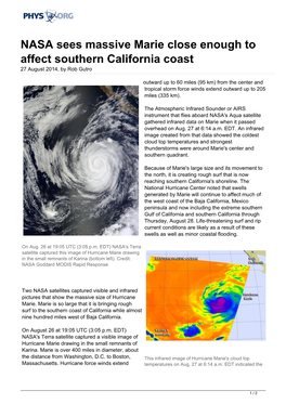 NASA Sees Massive Marie Close Enough to Affect Southern California Coast 27 August 2014, by Rob Gutro