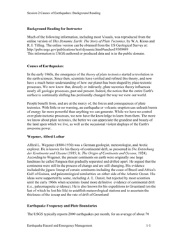 Background Reading Earthquake Hazard and Emergency