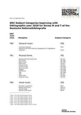 DDC Subject Categories Beginning with Bibliographic Year 2020 for Series M and T of the Deutsche Nationalbibliografie