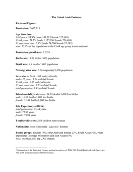 The United Arab Emirates Facts and Figures Population: 2,602,713 Age Structure: 0-14 Years: 24.9% (Male 331,012/Female 317,643)