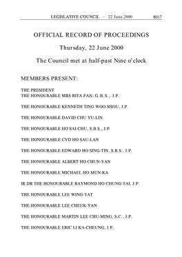 OFFICIAL RECORD of PROCEEDINGS Thursday, 22 June