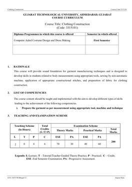 Course Title: Clothing Construction (Code: 3315101)