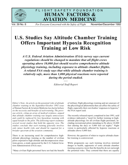 U.S. Studies Say Altitude Chamber Training Offers Important Hypoxia Recognition Training at Low Risk