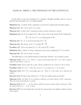 Math 161, Sheet 3: the Topology of the Continuum