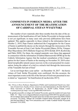 Comments in Foreign Media After the Announcement of the Beatification of Cardinal Stefan Wyszyński