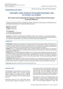 A Descriptive Study of Patterns of Traumatic Hand Injury Cases in a Tertiary Care Hospital