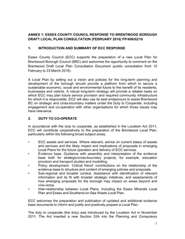 Annex 1: Essex County Council Response to Brentwood Borough Draft Local Plan Consultation (February 2016) Fp/406/02/16