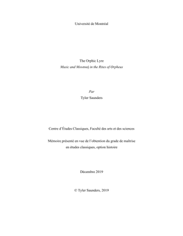 Université De Montréal the Orphic Lyre Music and Μουσική in the Rites of Orpheus Par Tyler Saunders Centre D'études