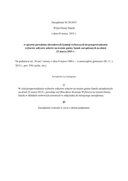Zarządzenie Nr 38/2015 Wójta Gminy Sanok Z Dnia 03 Marca 2015 R. W