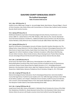 GUILFORD COUNTY GENEALOGAL SOCIETY the Guilford Genealogist Table of Contents GCGS Journal