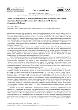 New Canadian Records of Nemastoma Bimaculatum (Fabricius), and a Brief Summary of Introduced Eurasian Harvestmen in North America (Arachnida, Opiliones)