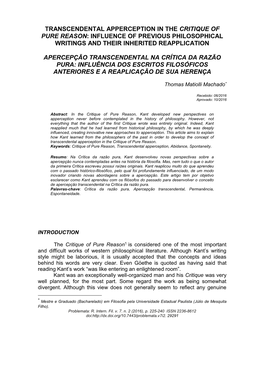 Transcendental Apperception in the Critique of Pure Reason: Influence of Previous Philosophical Writings and Their Inherited Reapplication