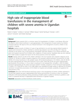 High Rate of Inappropriate Blood Transfusions in the Management of Children with Severe Anemia in Ugandan Hospitals Robert O
