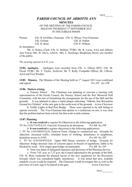PARISH COUNCIL of ABBOTTS ANN MINUTES of the MEETING of the PARISH COUNCIL HELD on THURSDAY 5Th SEPTEMBER 2013 in the JUBILEE ROOM