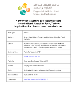 A 3400 Year Lacustrine Paleoseismic Record from the North Anatolian Fault, Turkey: Implications for Bimodal Recurrence Behavior