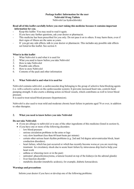 Package Leaflet: Information for the User Nebivolol 10 Mg Tablets Nebivolol (As Hydrochloride)