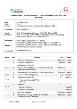 Epping Forest District Council Local Highways Panel Meeting Agenda