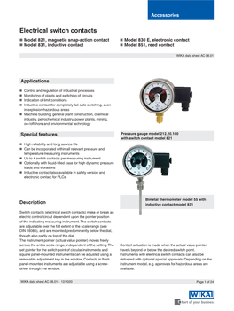 Electrical Switch Contacts ■ Model 821, Magnetic Snap-Action Contact ■ Model 830 E, Electronic Contact ■ Model 831, Inductive Contact ■ Model 851, Reed Contact