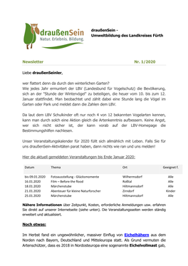 Umweltbildung Des Landkreises Fürth Newsletter Nr. 1/2020 Liebe