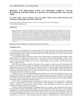 Biology and Behaviour Study of Chinkara, Cheetal, Nilgai, Blackbuck and Hog Deer in Captivity in Karachi Zoo and Safari Park