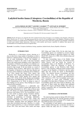 Ladybird Beetles Fauna (Coleoptera: Coccinellidae) of the Republic of Mordovia, Russia