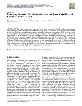 Evaluating Successful Livelihood Adaptation to Climate Variability and Change in Southern Africa