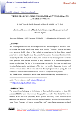 The Use of Orange (Citrus Sinensis) Peel As Antimicrobial and Anti-Oxidant Agents