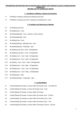 (Prohibition and Restriction of Waiting and Loading and Parking Places) (Consolidation) Order 2011 Revised List of Schedules 18/06/18