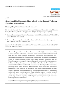 Genetics of Dothistromin Biosynthesis in the Peanut Pathogen Passalora Arachidicola